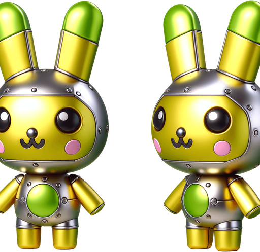 Cute 3d steel kawaii rabbit yellow with green ears.
Single Game Texture. In-Game asset. 2d. Blank background. High contrast. No shadows.