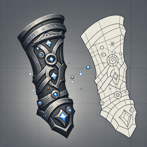A stylized metallic bracer or weapon hilt showing empty sockets being filled by small, glowing runes or gems..
Single Game Texture.  In-Game asset.  2d.  Blank background.  High contrast.  No shadows