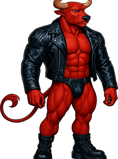 idle animation hunky Minotaur man Cyberpunk manga, minotaur monster hunk, shiny black leather biker jacket longsleeves shirtless muscles, jockstrap combat boots, Background removed, "Full-body character, entirely in frame, no cropping of face, head, or feet" "Complete character visible, from horns to hooves, fully centered in the image" "Entire character, including face and boots, fully within the frame" Character fully contained within a square frame, no edges cut off fashion model idle pose