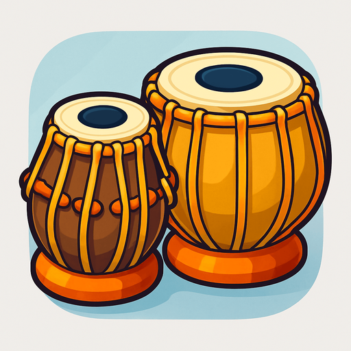 A colorful, cartoon-style illustration of a traditional Indian tabla drum set with two hand drums (bayan and dayan). Soft shadows, clean outline, slightly 3D style, transparent rounded background. Mobile game-friendly icon..
In-Game asset.  2d.  High contrast.  No shadows
