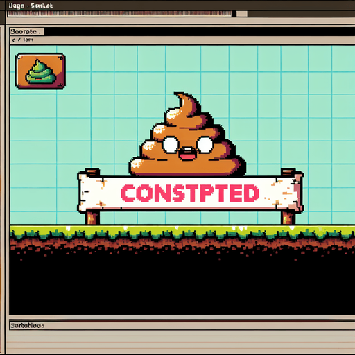 text saying "Constipated" against a poop banner. pixelated. 8-bit.
Single Game Texture. In-Game asset. 2d. Blank background. High contrast. No shadows.
