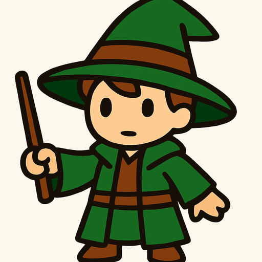 Mago principiante con sombrero verde y marrón.
In-Game asset.  2d.  High contrast.  No shadows