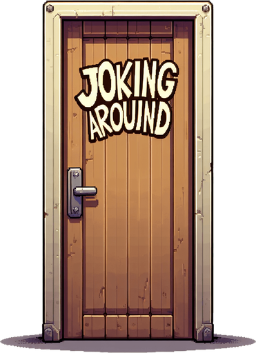 A door with the words Joking Around on it.
Single Game Texture.  In-Game asset.  2d.  Blank background.  High contrast.  No shadows