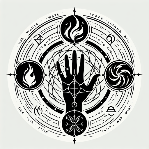 A hand silhouette centrally placed, with symbolic representations of different elements (fire, ice/water, lightning/wind) swirling around it or emanating from the fingertips. Could also be intersecting elemental runes..
Single Game Texture.  In-Game asset.  2d.  Blank background.  High contrast.  No shadows