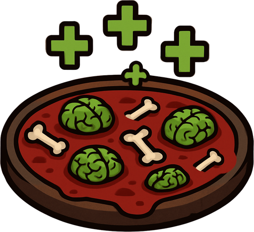 A healing blood pool with circular zombie brain and bone particles. Green + (healing) symbols on top. 2D..
In-Game asset.  2d.  High contrast.  No shadows