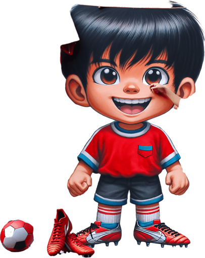 Boy standing in front cartoon soccer uniform