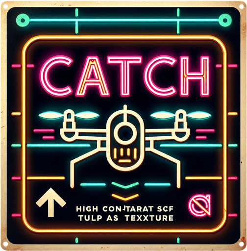 retro sign that says "catch" with an flying drone symbol in neon colors..
Single Game Texture. In-Game asset. 2d. Blank background. High contrast. No shadows.