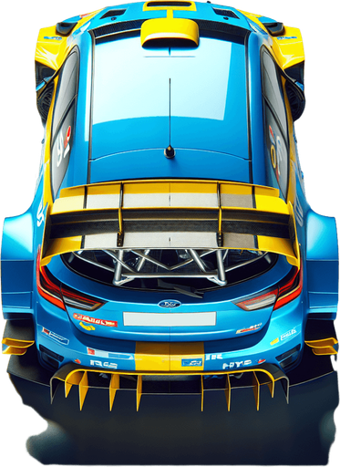 Hyperrealistic blue Subaru rally car with yellow liverys, top down view from the rear wing