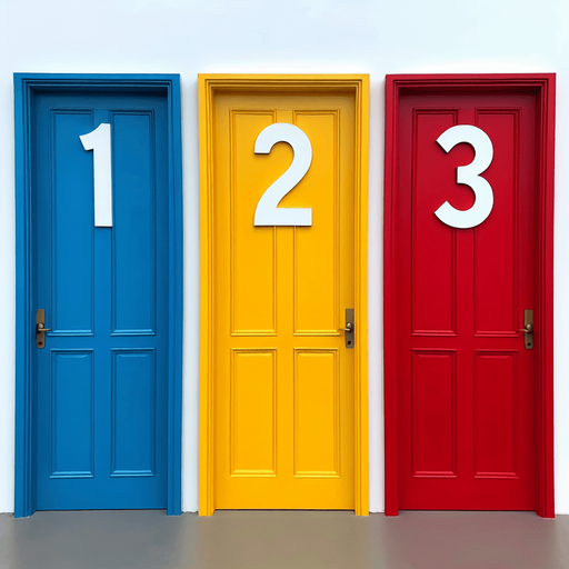 mavi(içinde 1 yazan), sarı(içinde 2 yazan) ve kırmızı(içinde 3 yazan) kapılar