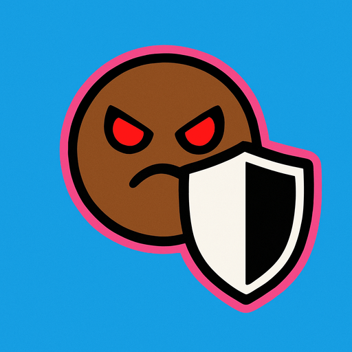 Brown simple circular enemy seen from above, pink outline. red eyes, with a single shield in-font of it. Black and white only. Blue background..
In-Game asset.  2d.  High contrast.  No shadows