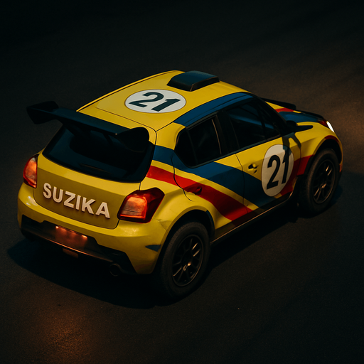 Photorealistic Suzuki Rallycar in nightlight, drone topview from back and 45 degrees angle in top right corner. Replace SUZUKI text to SUZIKA