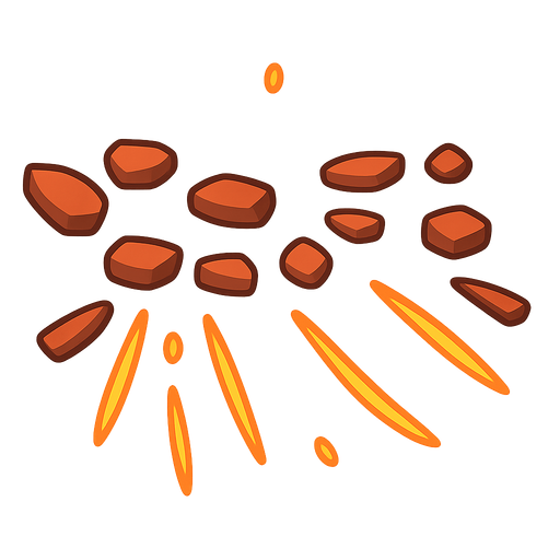 pieces fly around and sparks fly out. No background. Transparent background. Blank background. No shadows. 2d. In-Game asset. flat