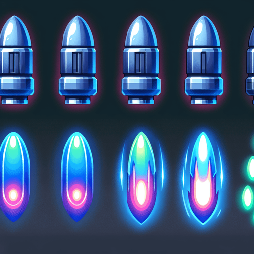 Bullets should have a sleek, futuristic design, such as glowing projectiles, plasma shots, or energy beams.
Use bright, contrasting colors (e.g., blue or green) to differentiate them from alien attacks..
Single Game Texture. In-Game asset. 2d. Blank background. High contrast. No shadows.