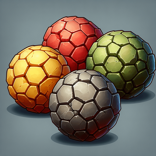 Create a set of hexagonal, rock-like balls for a cannon shooting game. Each ball should have a slightly beveled edge, giving it a 3D stone-like appearance with light shading and highlights. The balls should come in three distinct colors: Yellow, Red, and Green, each representing different power-ups or game functions. The texture should resemble polished stone but slightly rough, with subtle cracks or imperfections for realism.".
Single Game Texture.  In-Game asset.  2d.  Blank background.  High contrast.  No shadows