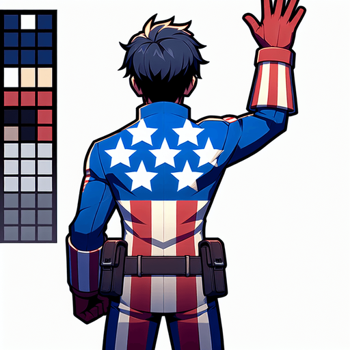 anime captain america bakc view. right hand up standing ready war
Single Game Texture.  In-Game asset.  2d.  Blank background.  High contrast.  No shadows