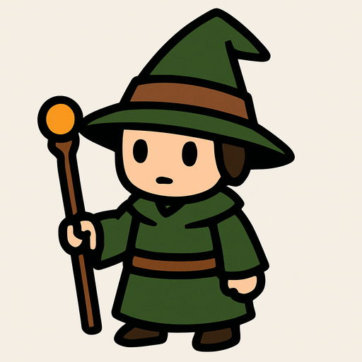 Mago principiante con sombrero verde y marrón.
In-Game asset.  2d.  High contrast.  No shadows