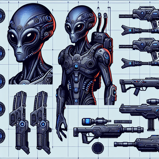 An alien with high tec weaponry and armory.
Single Game Texture.  In-Game asset.  2d.  Blank background.  High contrast