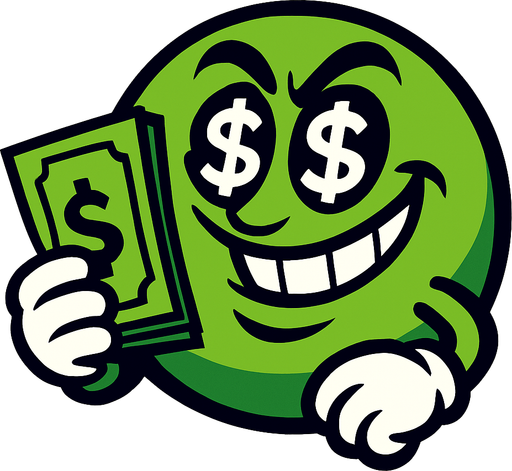 A rich, greedy green ball has a wad of cash in his hand.
In-Game asset.  High contrast.  No shadows