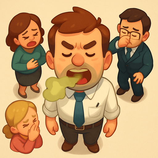 An office worker with extremely bad breath. People getting close get sick.. Full body viewed from the above. Cute soft graphics. soft ambient light. semi-matte to satin surfaces. naturalistic with slight saturation boost colors. Tone is premium, friendly, clean with lifestyle or service-oriented appeal.
In-Game asset.  2d.  High contrast.  No shadows. top down. View from above.