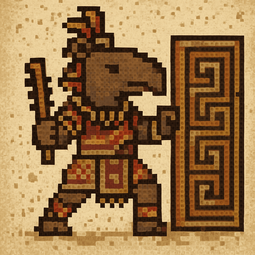 Generame un guerrero azteca con patrones, estilo pixelar, además será un animal Tapir, con efectos de tierra, cargando un gran escudo o muro..
In-Game asset.  2d.  High contrast.  No shadows