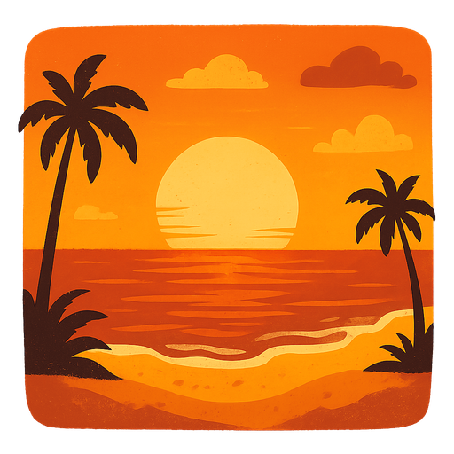 A sunset on a beach for a background.
Single Game Texture.  In-Game asset.  2d.  Blank background.  High contrast.  No shadows