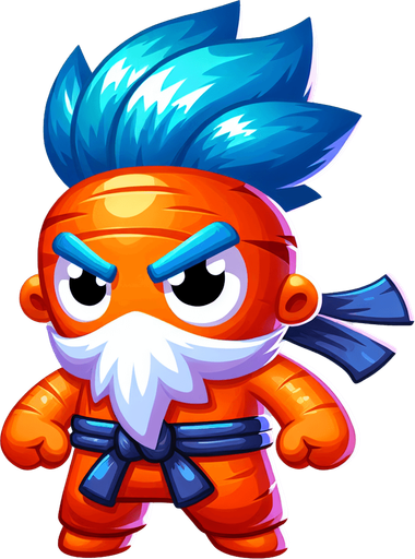 Design a 2D flat vector illustration of a short, carrot-shaped kung-fu master. The compact orange carrot body tapers neatly but is more compressed, emphasizing its chubby and endearing proportions. It features spiky blue Saiyan-style hair on top, radiating energy, and a long flowing white beard that signifies wisdom. A martial arts belt is tied around its middle, and a snug bandana completes its disciplined look. With sharp, focused eyes and a determined expression, it stands on two small, rounded feet, blending cuteness with a commanding presence..
Single Game Texture. In-Game asset. 2d. Blank background. High contrast. No shadows.