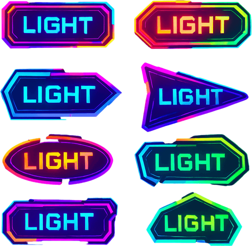 Buttons random shapes & have text 'Light'. HD colors. Cyberpunk. Abstract. Different colors.
In-Game asset.  2d.  High contrast.  No shadows