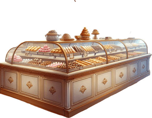 interieure de patiserie.
Single Game Texture. In-Game asset. 2d. Blank background. High contrast. No shadows.