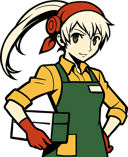 Labrys personaje de Persona 4 Arena con ropa de tendera..
In-Game asset.  2d.  High contrast.  No shadows