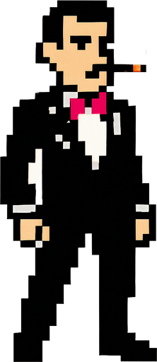 man in a black and white tuxedo with a pink bow tie and with a cigarette in his mouth, whole body shown 2d pixel art..
In-Game asset.  2d.  High contrast.  No shadows