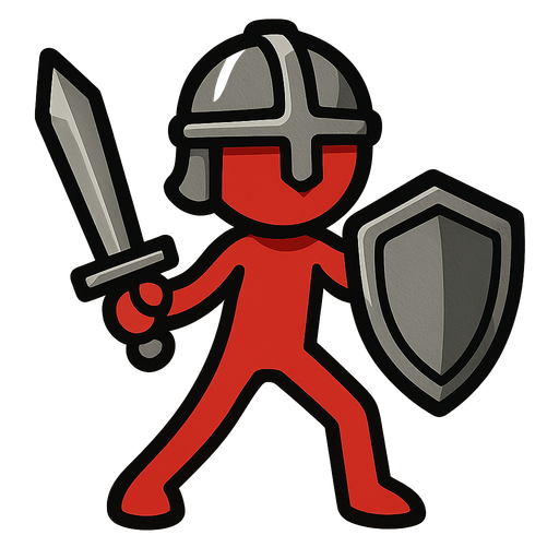 Red stickman with an iron helmet, iron sword and iron shield.
In-Game asset.  2d.  High contrast.  No shadows. No eyes