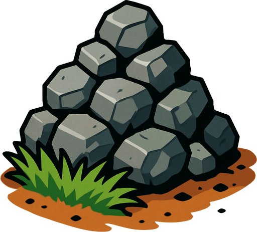 Make a pile of rocks with a grass patch in front of it and dirt scattered.
In-Game asset.  2d.  High contrast.  No shadows