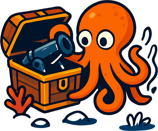un pulpo naranja abriendo un cofre del tesoro donde encuentra en el fondo marino dentro de ese cofre un cañon nergro donde.
In-Game asset.  2d.  High contrast.  No shadows