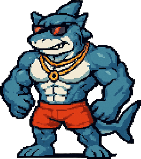 Tiburón furry fuerte sin camisa y con shorts, que en la cara lleve unas gafas de sol, que lleve colgantes y que sea pixeleado que se vea todo su cuerpo 
In-Game asset.  2d.  High contrast.  No shadows