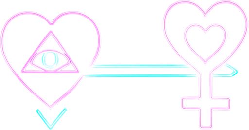 Neon cyberpunk arrow glowing hologram heart eye triangle sigil, symbol of Venus female sign with heart motif tip, magic love arrow pink cyan laser linework