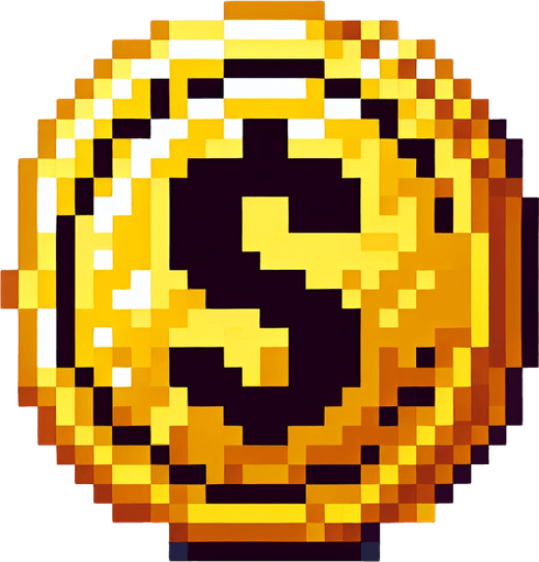 Pixelated gold coin.
Single Game Texture.  In-Game asset.  2d.  Blank background.  High contrast.  No shadows