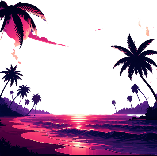 A sunset beach background with waves and palm trees..
Single Game Texture.  In-Game asset.  2d.  Blank background.  High contrast.  No shadows