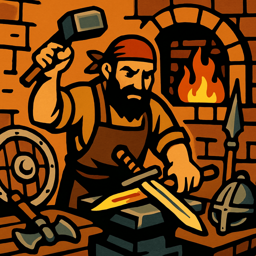 Demirci, Eski savaş malzemeleri üretiyor.
In-Game asset.  2d.  High contrast.  No shadows