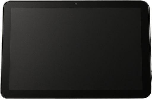 photorealistic grey Tablet lying down on dj deck, front view. The screen should be dark monocrome screen in power of mode without text.