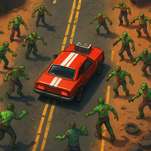 Fullscreen modern App Store landscape banner, 16:9, high definition, for a game titled "Zombie Highway Survivor" and with the description "Drive through zombie-filled highways, collect upgrades, and customize your car to survive as long as possible in this intense top-down survival game.". No text on banner!