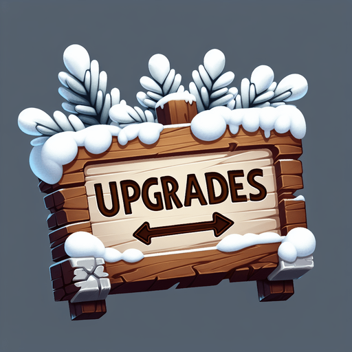 A wooden sign with text "UPGRADES" in a winter theme.
Single Game Texture. In-Game asset. 2d. Blank background. High contrast. No shadows.