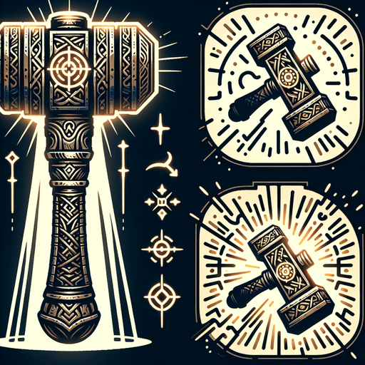 A glowing, ornate hammer imbued with power, or a weapon silhouette undergoing a visible transformation with radiating light and complex runic patterns..
Single Game Texture.  In-Game asset.  2d.  Blank background.  High contrast.  No shadows