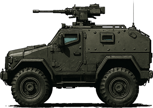 Zırhlı savaş arabası, gerçekçi, yazısız, yandan görümüm.
In-Game asset.  High contrast.  No shadows