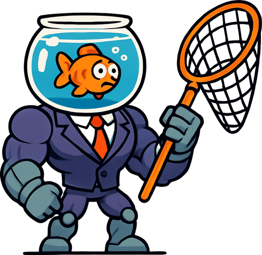 "A funny 2D game character concept art. A glass fishbowl filled with water serving as the head. Inside the bowl, a small confused orange goldfish is swimming. The body is an extremely muscular mechanical robot body wearing a tight formal business suit. The character is holding a giant fish landing net as a weapon. Cartoon style, absurd, vibrant colors, clean vector lines.".
In-Game asset.  2d.  High contrast.  No shadows