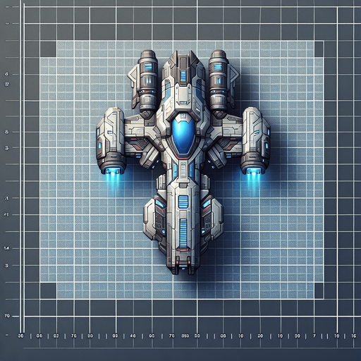 A 2D top-down view of a futuristic player spaceship with a streamlined silver and blue body, glowing thrusters, and dual laser cannons. The design is sleek and modern for a space shooter game.
Single Game Texture.  2d.  Blank background.  High contrast.  No shadows