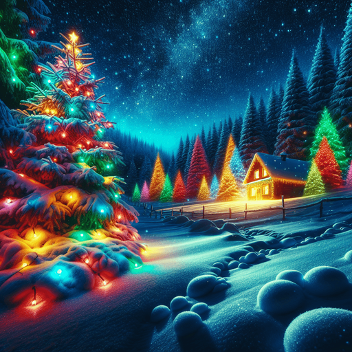 a landscape with santa's house on the left, pines with chistmas lights, snow, at night Background image. 2d. High contrast.