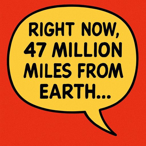 "Comic book illustration speech bubbles saying '"Right now, 47 million miles from Earth...' 
In-Game asset.  2d.  High contrast.  No shadows