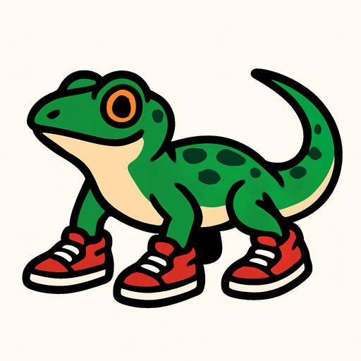 Crea una lagartija con tenis.
In-Game asset.  2d.  High contrast.  No shadows
