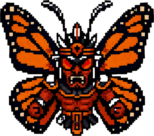 Genérame una Mariposa monarca guerrero azteca con eso patrones, estilo pixelar, con una apariencia maligna, ojos rojos, rabioso. Unidad aerea con alas. Animal.
In-Game asset.  2d.  High contrast.  No shadows