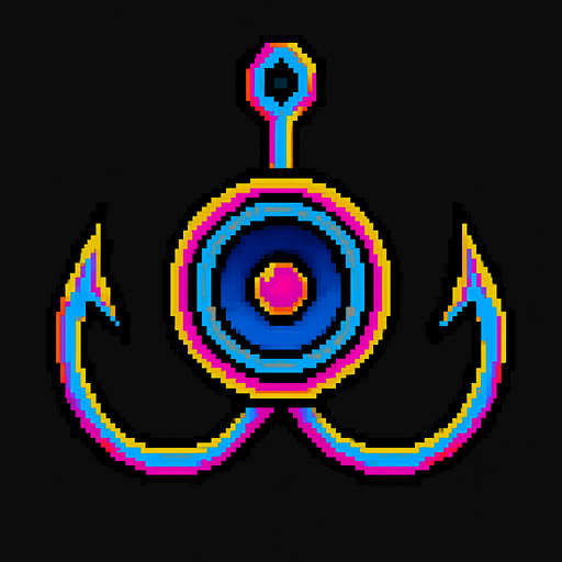 A double sided fishing hook with a small speaker in the center. 80s arcade machine graphics..
In-Game asset.  2d.  High contrast.  No shadows